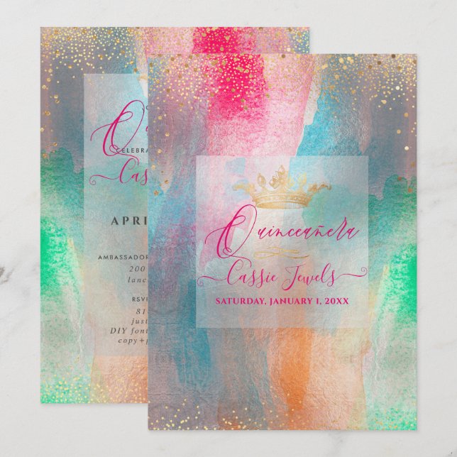 Quinceanera Watercolor Iridescent Brushstrokes Invitation (Front/Back)
