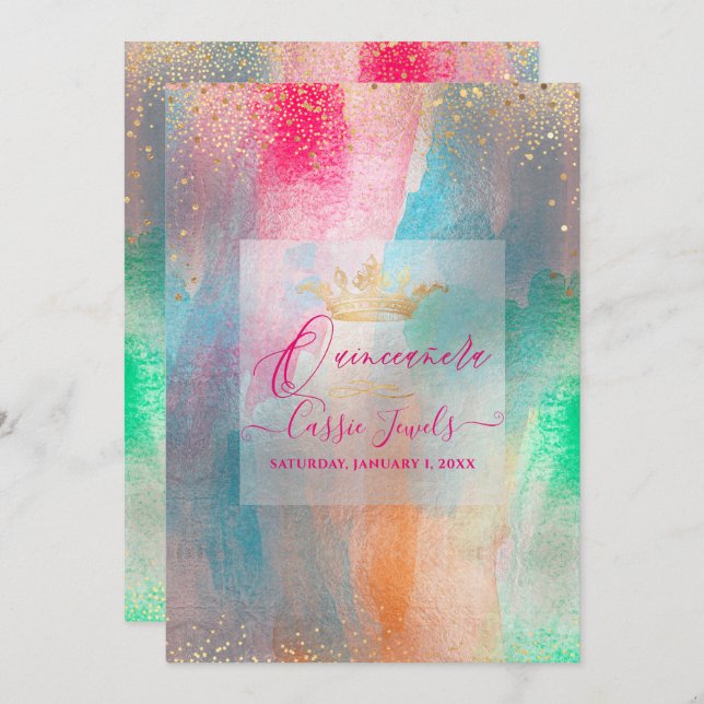 Quinceanera Watercolor Iridescent Brushstrokes Invitation (Front/Back)