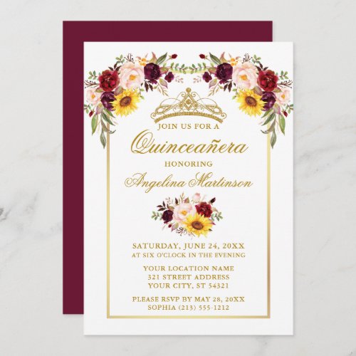 Quinceanera Watercolor Mixed Floral Gold Frame Invitation