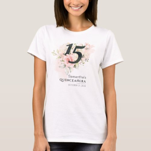 Quinceanera Watercolor Pink Floral 15th Birthday T_Shirt