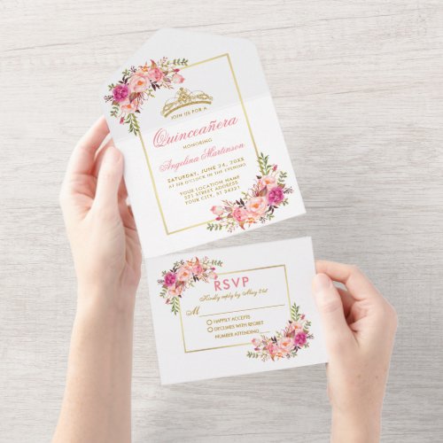 Quinceanera Watercolor Pink Floral Gold Crown All In One Invitation