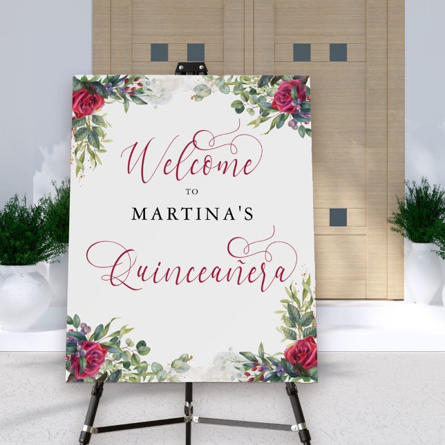 Quinceanera Welcome Elegant Red Rose Eucalyptus Foam Board (Quinceanera welcome sign with gorgeous red roses and elegant calligraphy)