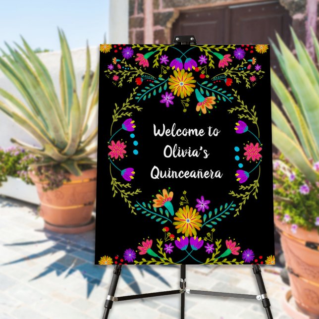 Quinceanera Welcome Mexican Fiesta Floral Black Foam Board (Creator Uploaded)