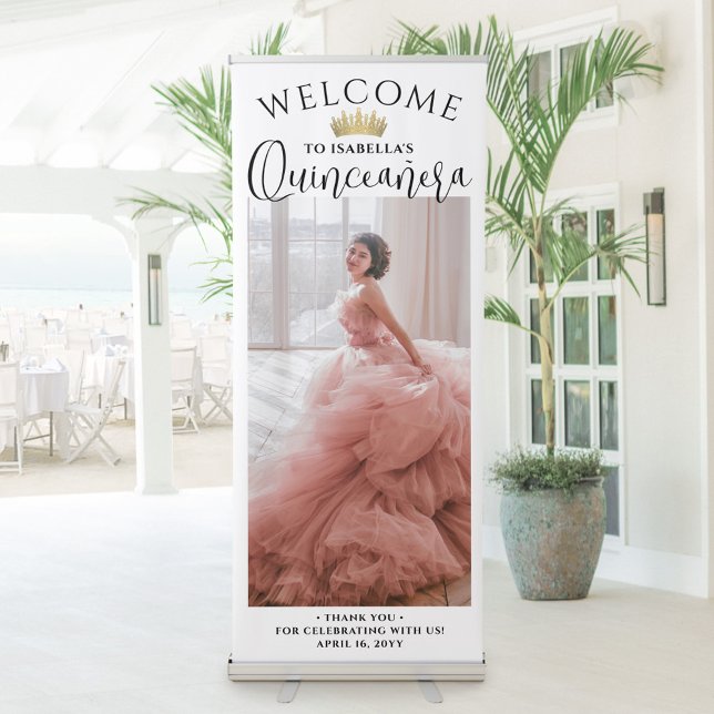 Quinceañera Welcome Modern Script Large Photo Retractable Banner (Creator Uploaded)