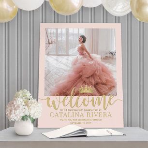 Quinceañera Welcome Photo Blush Pink & Gold Script Foam Board