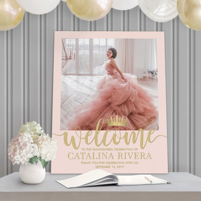 Quinceañera Welcome Photo Blush Pink & Gold Script Foam Board (Creator Uploaded)