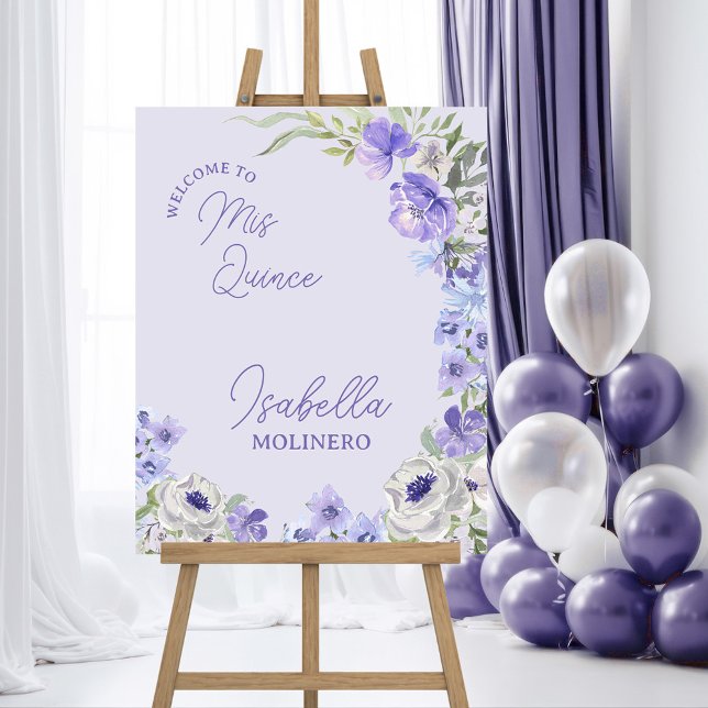 Quinceanera Welcome Purple Peri Floral Mis Quince Foam Board (Mis Quince Purple Floral Quinceanera Party Welcome Sign)