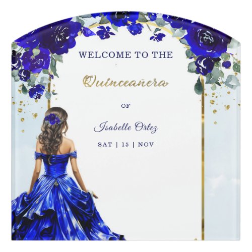 Quinceaera Welcome Royal Blue and Gold Door Sign