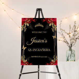 Quinceañera Welcome Sign Black Gold Red Flowers
