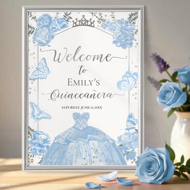 Quinceanera Welcome Sign Dusty Blue Dress Floral (Creator Uploaded)