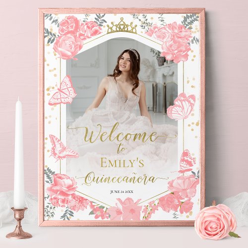 Quinceanera Welcome Sign Pink Dress Floral Gold
