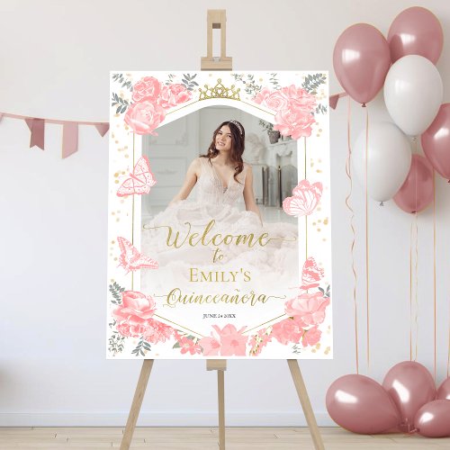 Quinceanera Welcome Sign Pink Dress Floral Gold