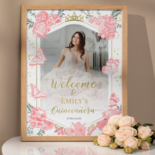 Quinceanera Welcome Sign Pink Dress Floral Gold