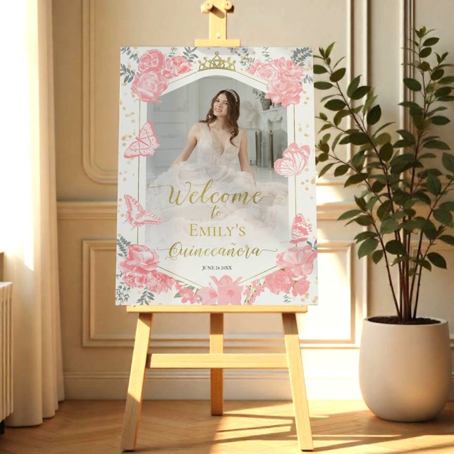 Quinceanera Welcome Sign Pink Dress Floral Gold (Creator Uploaded)
