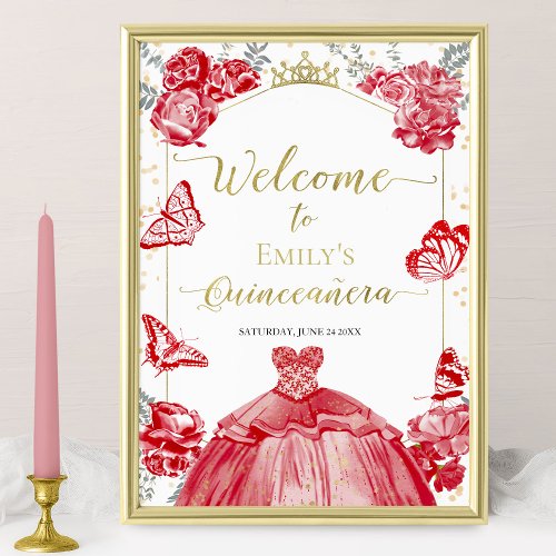 Quinceanera Welcome Sign Red Dress Floral Gold
