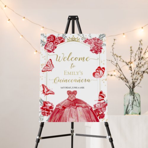 Quinceanera Welcome Sign Red Dress Floral Gold