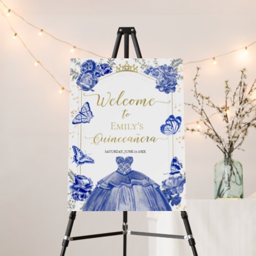 Quinceanera Welcome Sign Royal Blue Dress Floral
