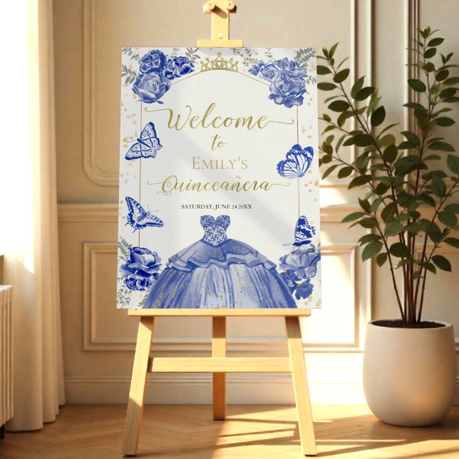Quinceanera Welcome Sign Royal Blue Dress Floral (Creator Uploaded)