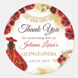 Quinceañera Western Red Gold Charra Floral Boots Classic Round Sticker