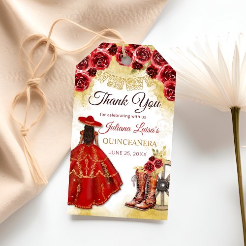 Quinceaera Western Red Gold Charra Floral Boots Gift Tags