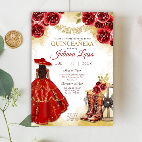 Quinceaera Western Red Gold Charra Floral Boots Invitation