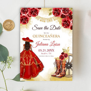 Quinceañera Western Red Gold Charra Floral Boots Save The Date