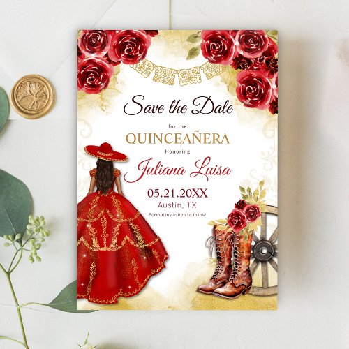 Quinceaera Western Red Gold Charra Floral Boots Save The Date