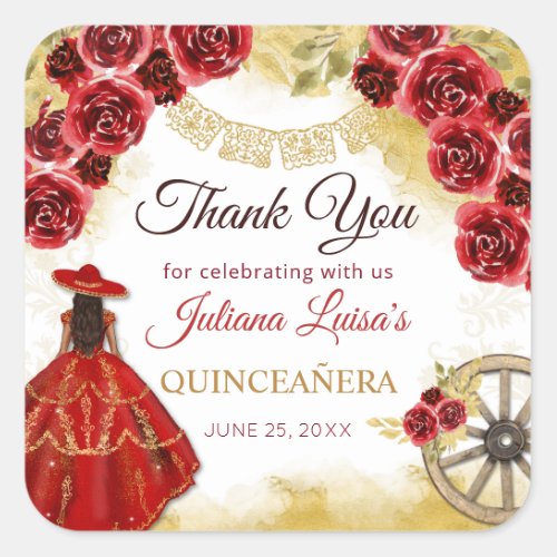 Quinceaera Western Red Gold Charra Floral Boots Square Sticker