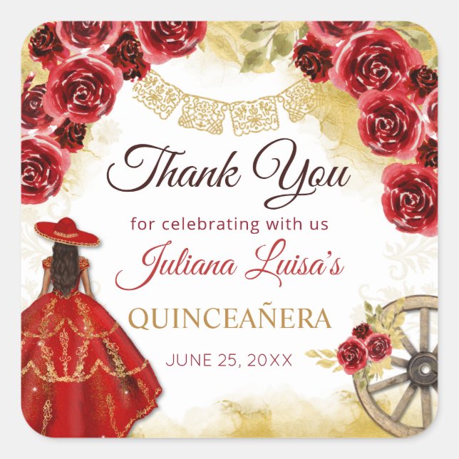 Quinceañera Western Red Gold Charra Floral Boots Square Sticker (Front)
