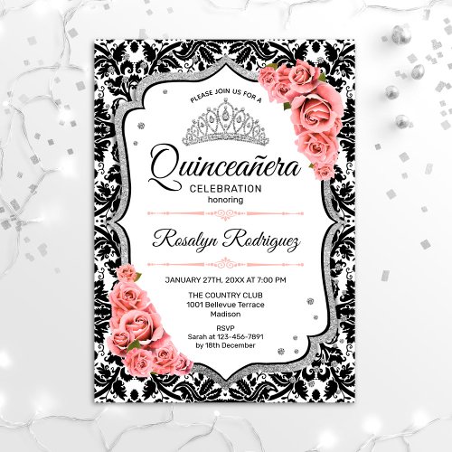 Quinceanera _ White Black Damask Blush Pink Invitation