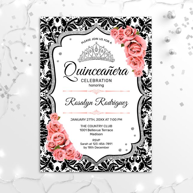 Quinceanera - White Black Damask Blush Pink Invitation (Creator Uploaded)
