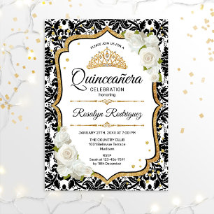 Quinceanera - White Black Damask Gold Invitation