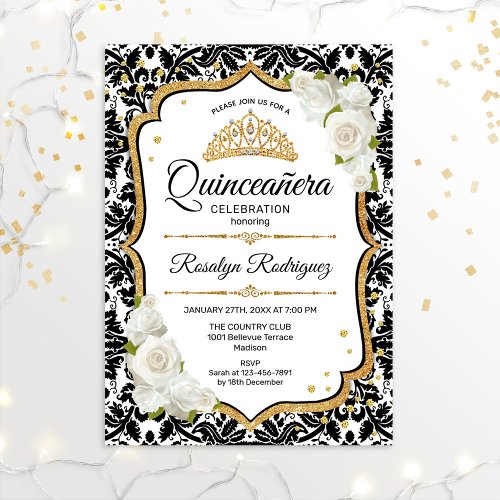Quinceanera _ White Black Damask Gold Invitation