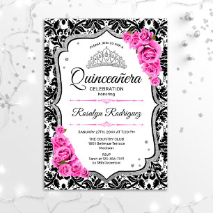 Quinceanera - White Black Damask Pink Invitation