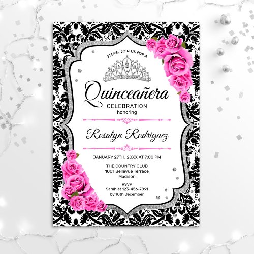 Quinceanera _ White Black Damask Pink Invitation