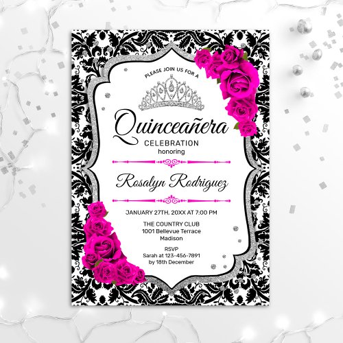 Quinceanera _ White Black Damask Pink Silver Invitation