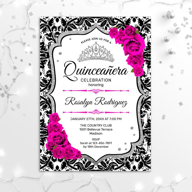 Quinceanera - White Black Damask Pink Silver Invitation (Creator Uploaded)