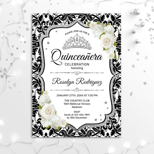 Quinceanera _ White Black Damask Silver Invitation