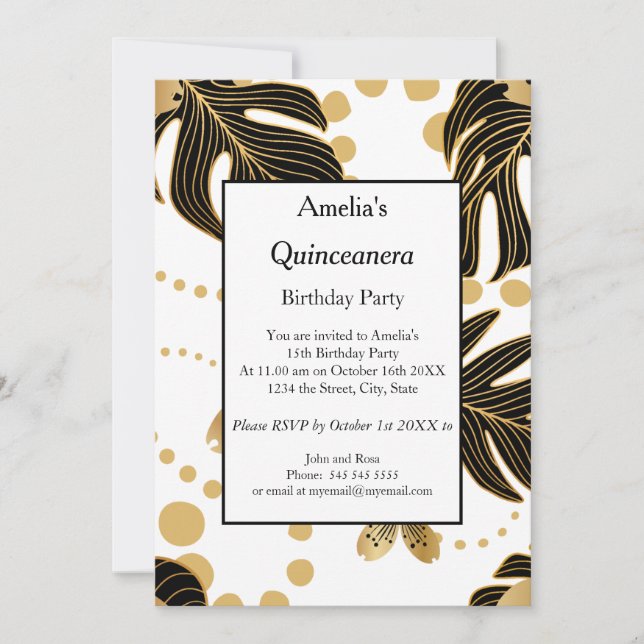 Quinceanera White Black Gold birthday party  Invitation (Front)