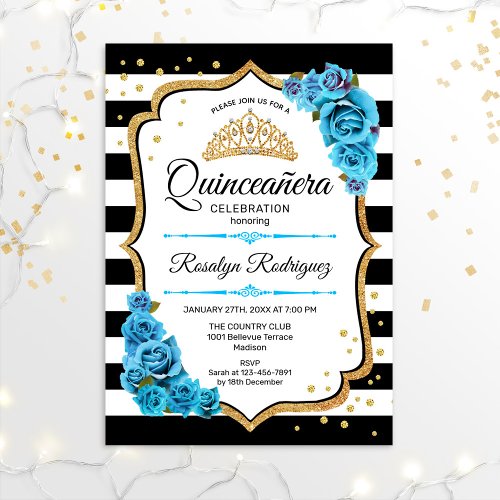 Quinceanera _ White Black Gold Blue Invitation