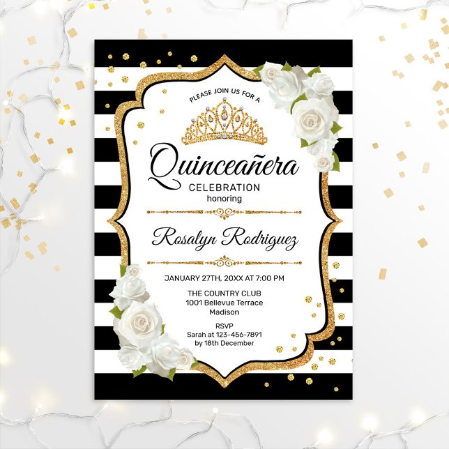 Quinceanera - White Black Gold Invitation (Creator Uploaded)