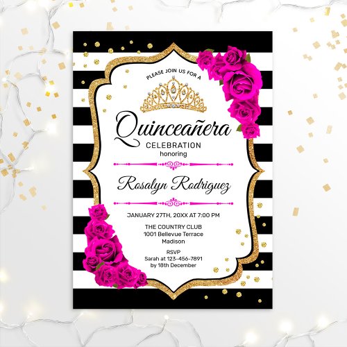 Quinceanera _ White Black Pink Gold Invitation