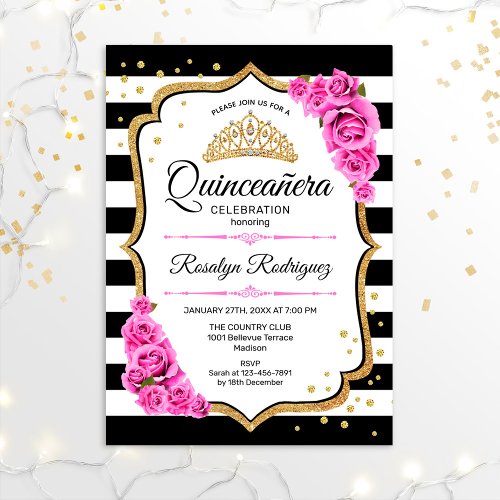 Quinceanera _ White Black Pink Invitation