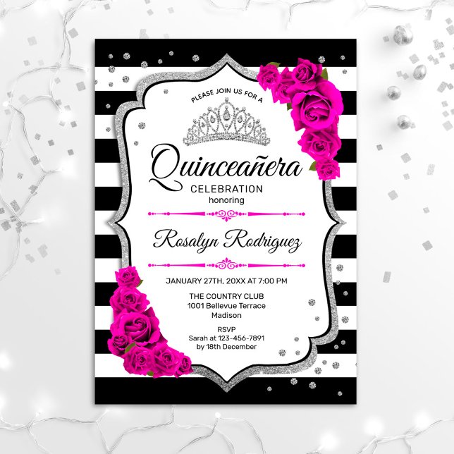 Quinceanera - White Black Pink Silver Invitation (Creator Uploaded)