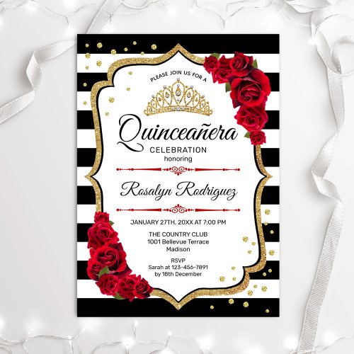 Quinceanera _ White Black Red Gold Invitation