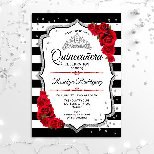 Quinceanera _ White Black Red Silver Invitation