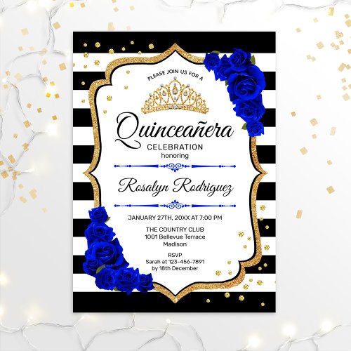 Quinceanera _ White Black Royal Blue Gold Invitation