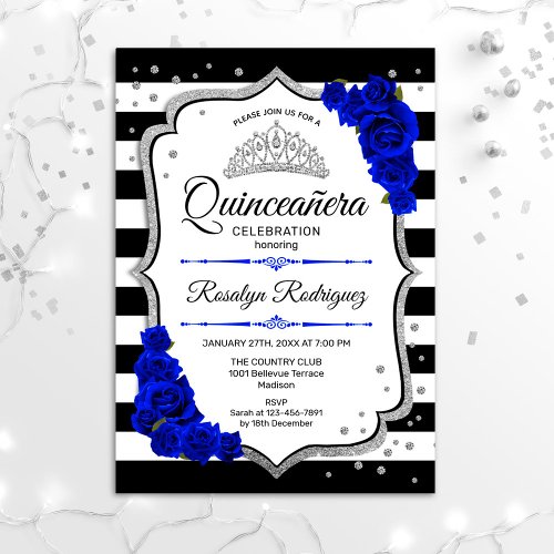 Quinceanera _ White Black Royal Blue Silver Invitation