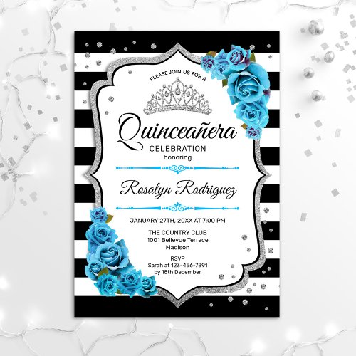 Quinceanera _ White Black Silver Blue Invitation