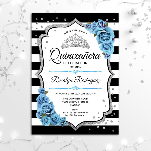 Quinceanera - White Black Silver Blue Invitation